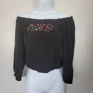 Candie's Black Crop Top Floral Embroidered Neck Beaded Women XS Off the Shoulder